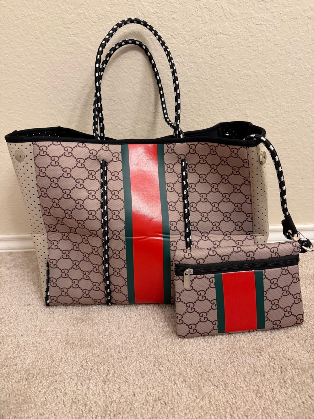 Designer-Inspired Beige Monogram Tote with Red & Green Stripe